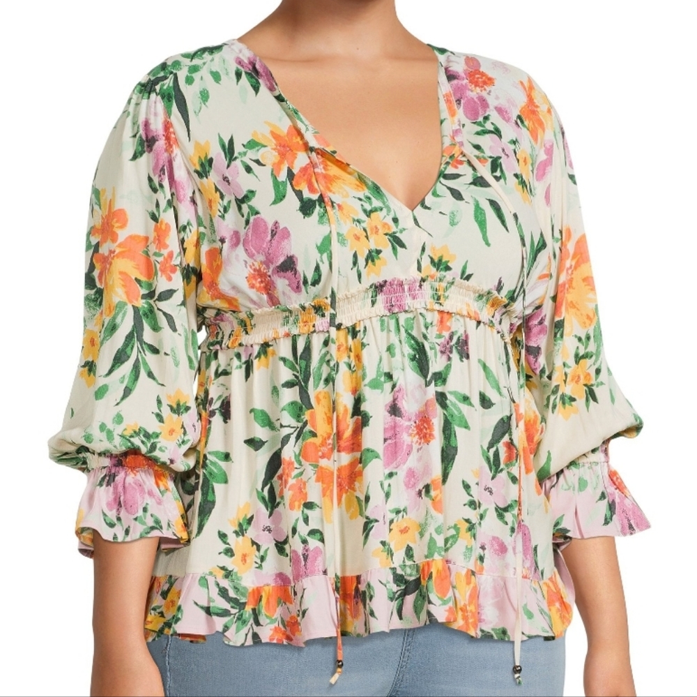 Boho Floral V-Neck Peasant Blouse - Cream with Pink & Orange Bloom